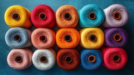 A collection of thread spools forming a gradient of warm and cool tones on blue