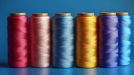 Colorful sewing threads aligned in ascending order of brightness on blue