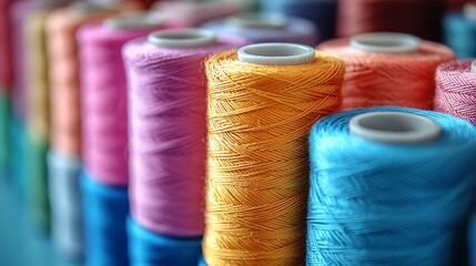 Closeup of sewing thread ends fraying slightly on vibrant spools against blue