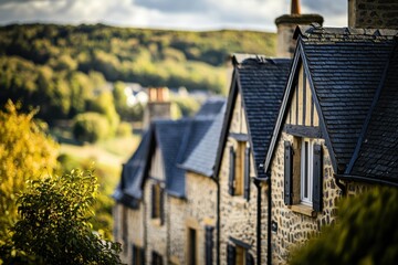 Fototapeta premium Charming old stone buildings with timber framing and slate roofs, nestled in a lush, green countryside setting with a blurred forest backdrop on a sunny day.