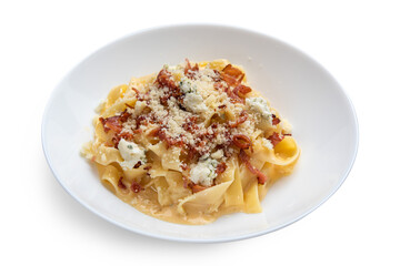 Delicious pasta with meat. Top view