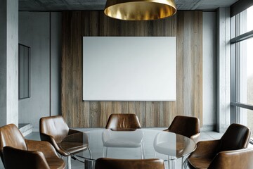 Modern conference room with blank whiteboard and brown leather chairs