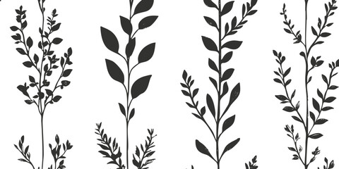 Black and white botanical silhouette pattern with leaves and branches.