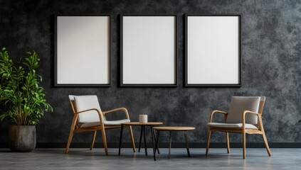 Minimalist waiting area with three blank canvases