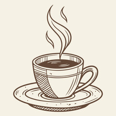 Obraz premium Steaming coffee cup with coffee beans, in a sketch style. Use for coffee shop menus, food blogs, or designs related to coffee and beverages.