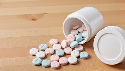 Close-up of glucose tablets spilling from a white container onto a wooden surface