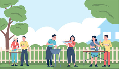 Friends on bbq. Happy couples cooking and eating barbeque, drinking wine. Outdoor seasonal party with food, family freetime on backyard, recent vector scene