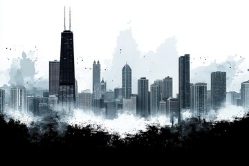 A stark black and white silhouette of the Chicago skyline, rendered in the ethereal beauty of watercolor washes that hint at the city's vibrant heart. 
