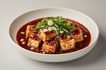 Fototapeta premium Spicy Mapo Tofu Garnished With Garlic and Scallions on a Minimalist White Plate Against a Soft Gray Background
