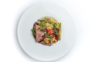 Delicious pasta with meat. Top view