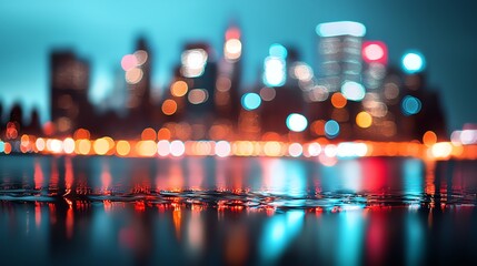 Blurred Cityscape Reflections on Water at Night with Glowing Lights