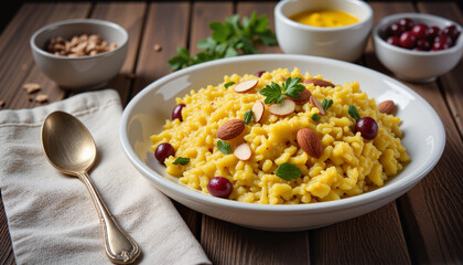 Fragrant bowl of saffron rice garnished with almonds and cranberries