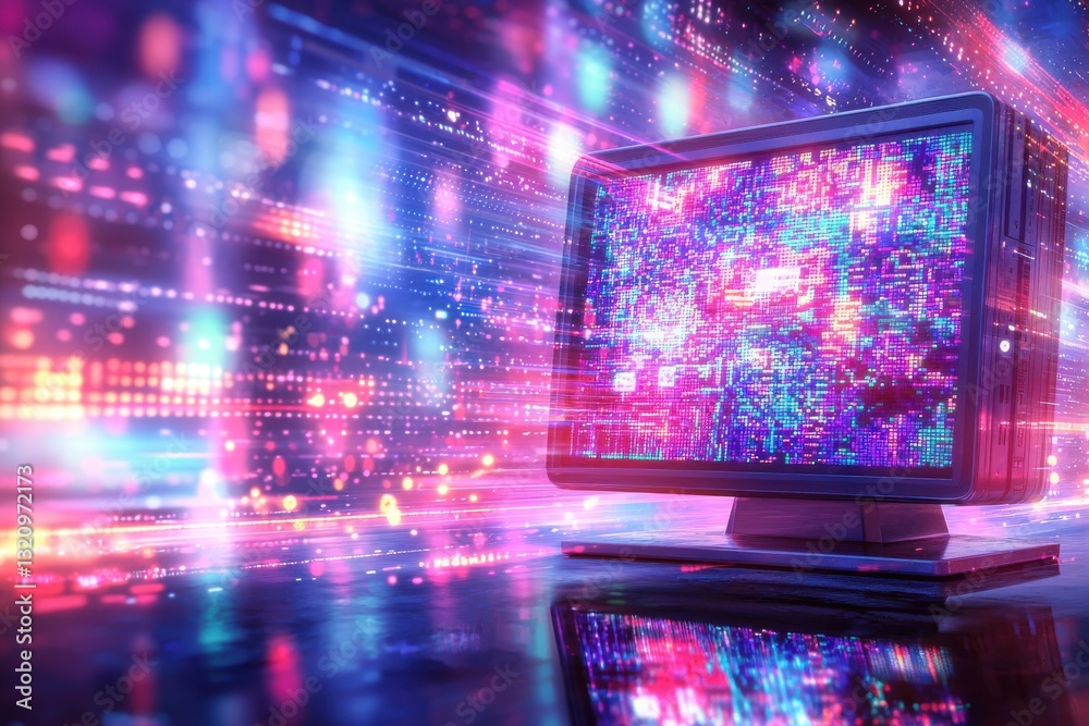 Poster abstract computer screen displaying colorful digital data streams and futuristic technology, creatin