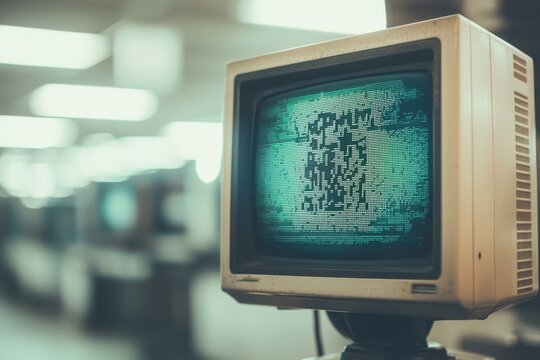 Vintage computer monitor displaying green code, evoking retro technology and digital nostalgia, with a focus on obsolete technology and classic user interface design. - Powered by Adobe