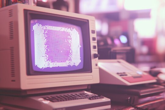 Vintage computer system with a purple screen displaying pixelated graphics, evokes a sense of nostalgia for early technology and retro computing aesthetics.