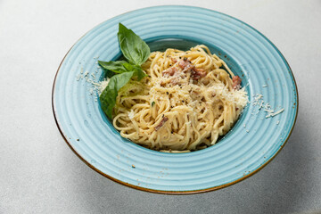 Delicious pasta with meat. Top view