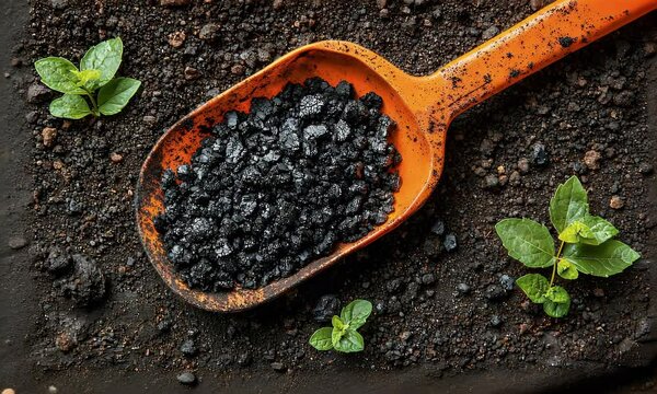 Black soil amendment in scoop, young plants, gardening