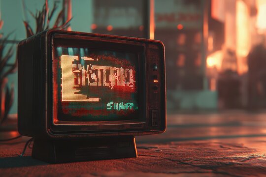 Vintage CRT Television Displaying Pixelated Graphics on a Weathered Surface with Plants and an Urban Backdrop, Evoking a Retro Cyberpunk Aesthetic.