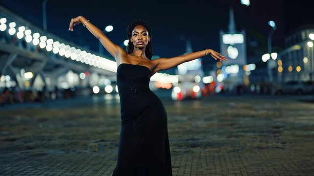 A stylish woman in an elegant off-shoulder dress stands against a twilight sky adorned with glowing string lights. The dreamy bokeh effect creates a warm, atmospheric evening scene.