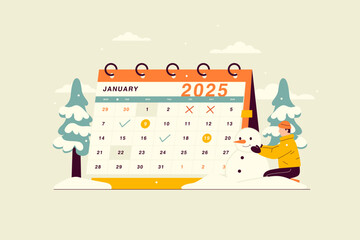 Vector illustration of January 2025 calendar with winter atmosphere in the form of snow-covered trees and a snowman made by a boy. Desk yearly calendar with a divider grid and space for notes