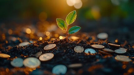 A green seedling growing from a pile of mixed coins in dark earth suggesting financial growth
