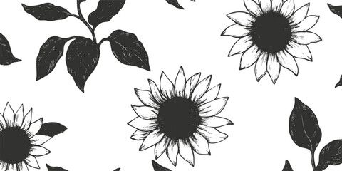 Seamless black and white sunflower pattern with leaves for decorative design.