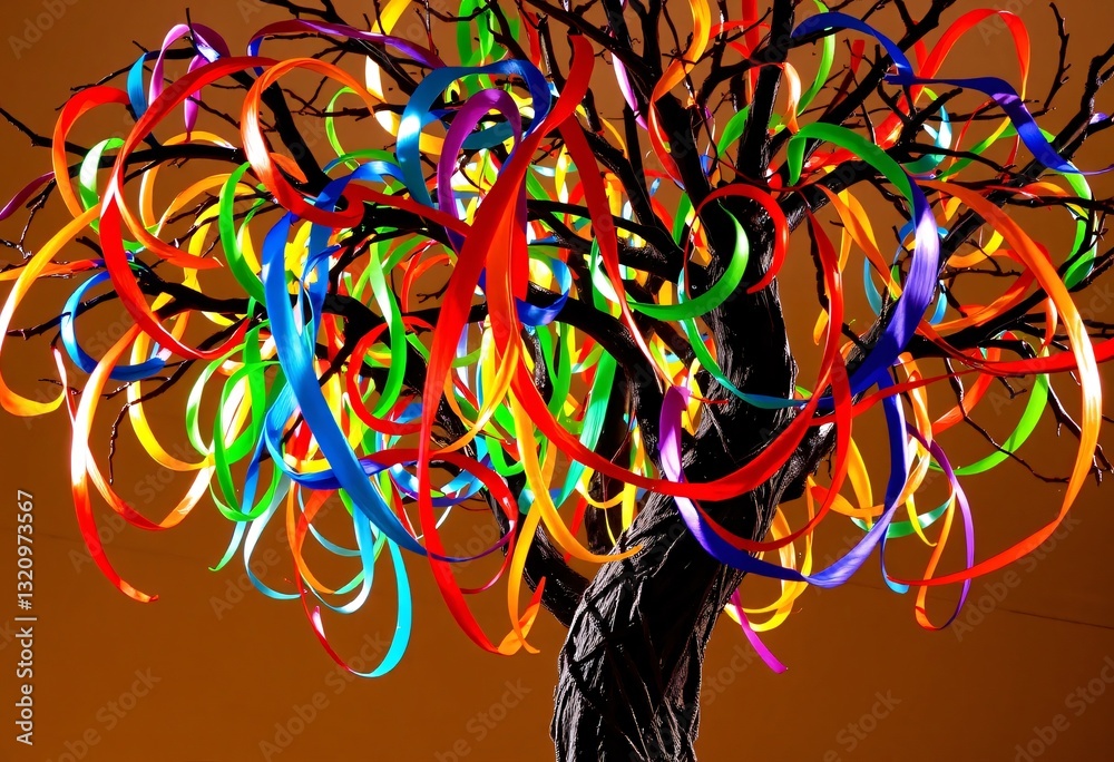 Poster artistic tree with swirling branches, a colorful imaginative display, evoking fantasy and movement. 