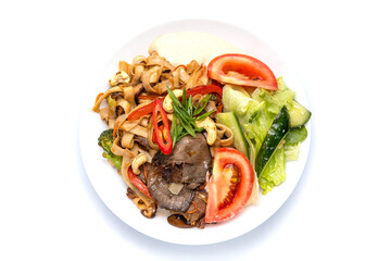 Delicious pasta with meat. Top view