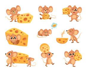 Mouse and cheese. Mice with different slices and pieces of cheese. Cartoon funny rodents with food, smelling and eating. Animals classy vector clipart