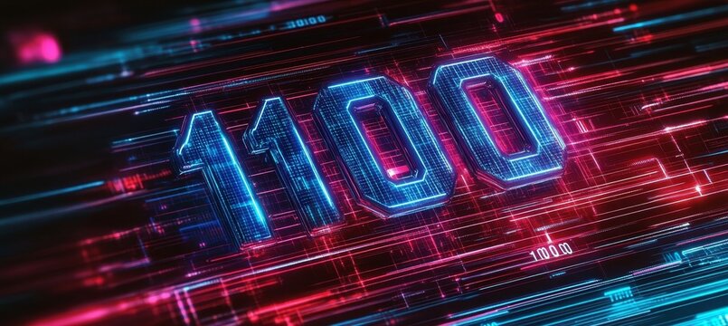 Glowing Digital Number 1100 in Futuristic Style on Digital Abstract Background with Neon Light