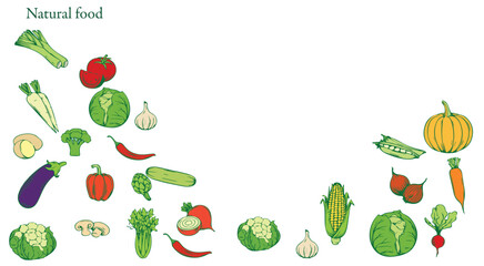 Healthy food from fruits and vegetables - organic food banner vector illustration in flat style. White background.