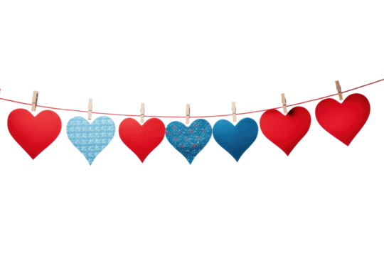 red blue hearts hanging on clothesline on transparent background