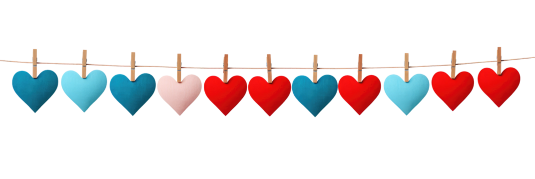 red blue hearts hanging on clothesline on transparent background - Powered by Adobe