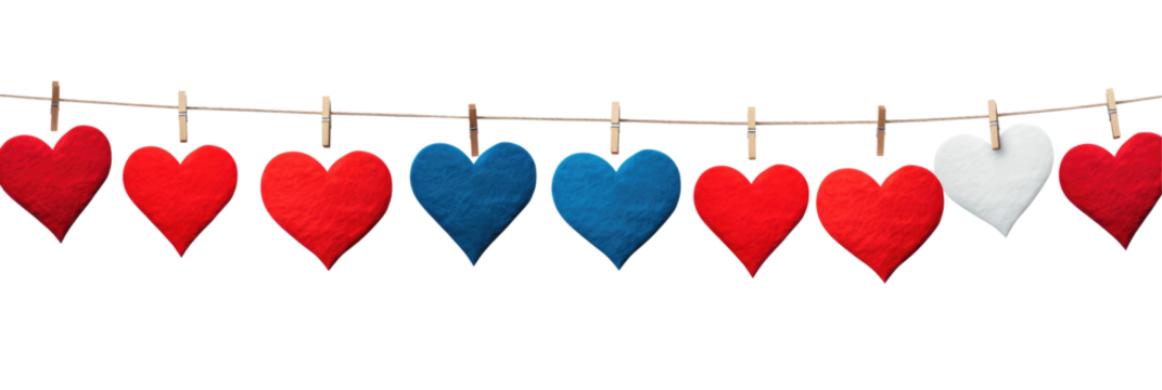red blue hearts hanging on clothesline on transparent background