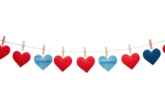 red blue hearts hanging on clothesline on transparent background