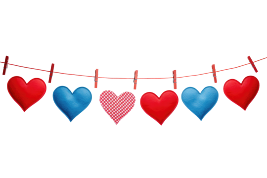 red blue hearts hanging on clothesline on transparent background