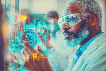 Senior scientist in safety glasses analyzing complex data on a transparent screen, focusing on research, development, and medical breakthroughs.