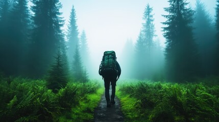 A lone hiker traverses a misty forest path, surrounded by towering trees and lush greenery, evoking a sense of solitude and connection with nature's beauty.