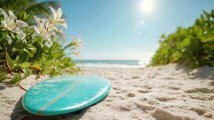 A vibrant surfboard resting on sandy beach, framed by beautiful white flowers and green foliage, highlighting a serene summer ambiance and inviting seaside vibe.
