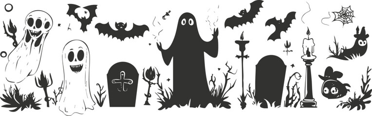 Halloween-themed illustration with ghosts, bats, tombstones, and spooky elements.