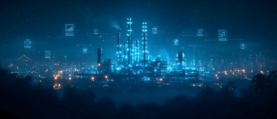 Smart factory at night, data flows