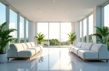Fototapeta premium Modern interior with bright natural light and green plants in a spacious area