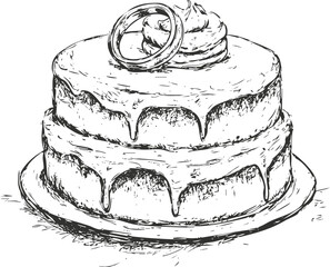 Hand-drawn sketch of a wedding cake with rings on top.