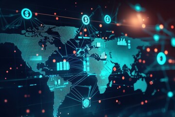 Naklejka premium A dynamic digital world map with interconnected nodes and dollar symbols, representing global finance, trade, and economic growth with data analysis.