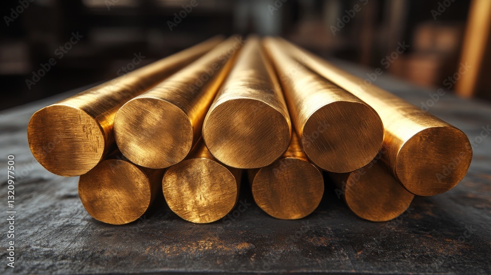 Poster shiny metal bars are meticulously arranged on a workbench, showcasing their smooth surfaces and unif