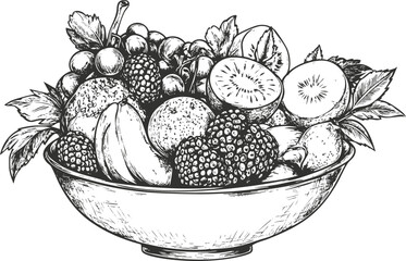 Detailed sketch of a fruit bowl featuring various fruits and leaves.