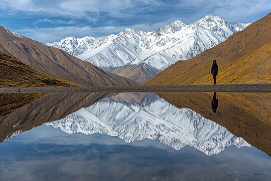 A serene mountain lake mirrors snow-capped peaks and golden slopes, as a lone figure contemplates the majestic scenery, emphasizing nature's grandeur and tranquility.