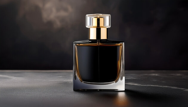 a sleek black perfume bottle with a glossy finish and gold accents sits elegantly on a textured surface ideal for beauty fashion or lifestyle promotions in advertising and product displays