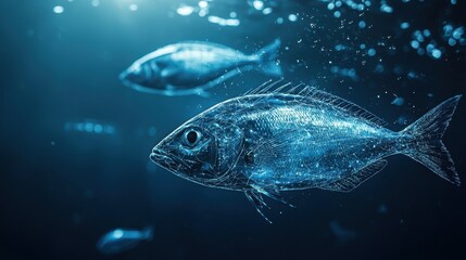 Fototapeta premium Underwater Scene Featuring Shimmering Fish Swimming Gracefully in a Dark Blue Ocean