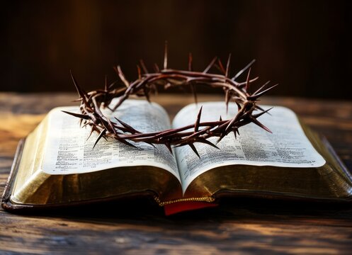 Crown of Thorns Resting on an Open Bible on Wooden Table, good friday